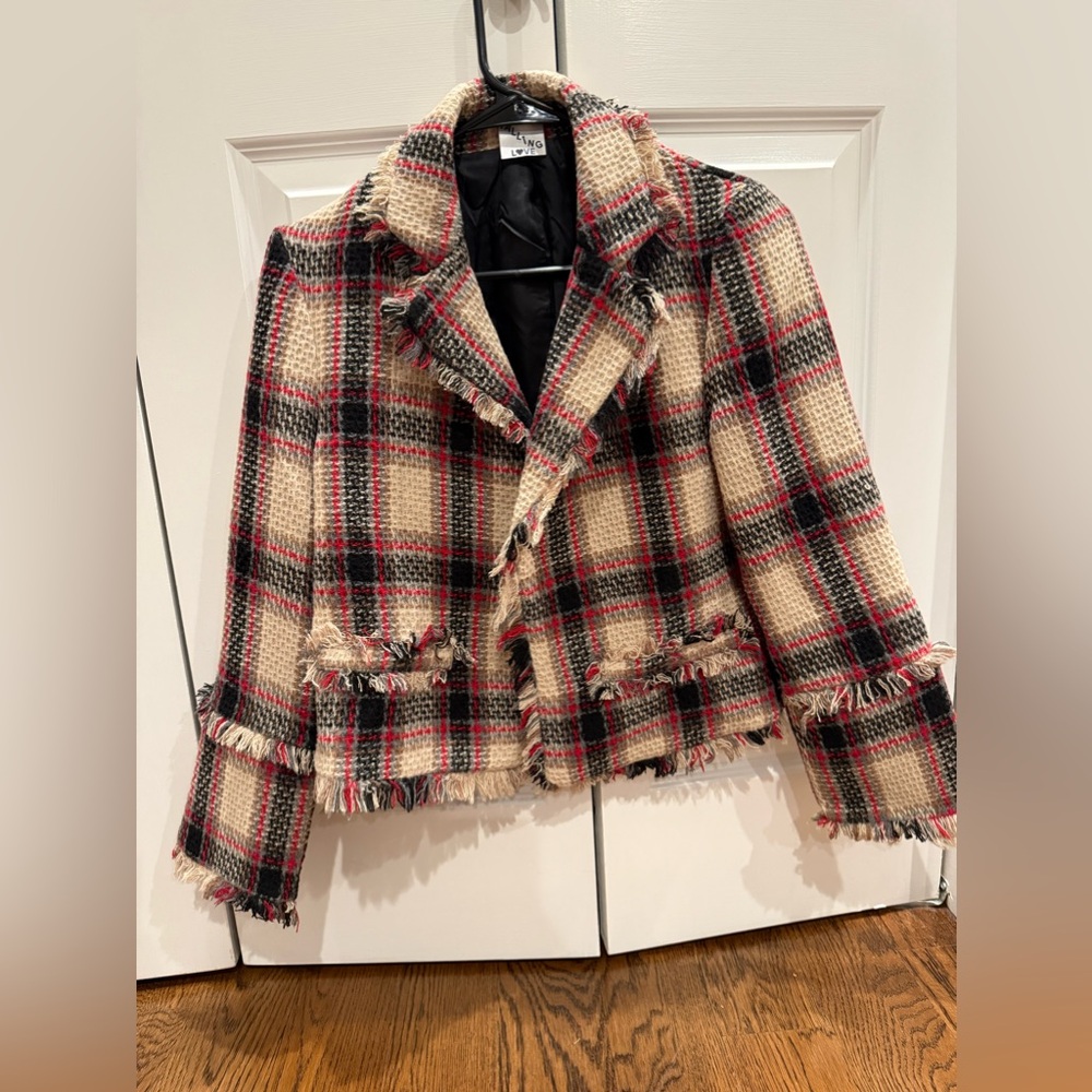 Falling love, cropped plaid blazer with fringe detail